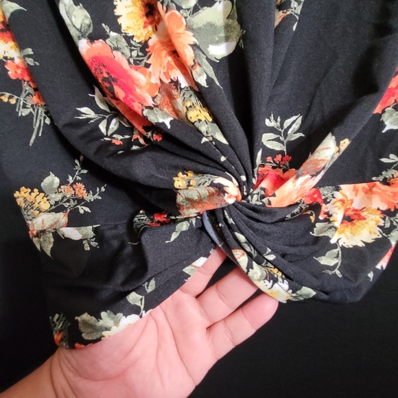 Floral Cold Shoulder Top - Black and Orange - Picture 2 of 5